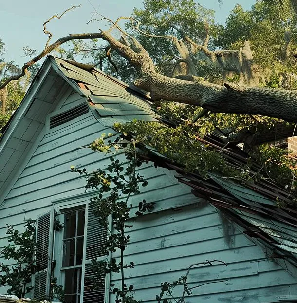 Storm-damaged home with a fallen tree on the roof